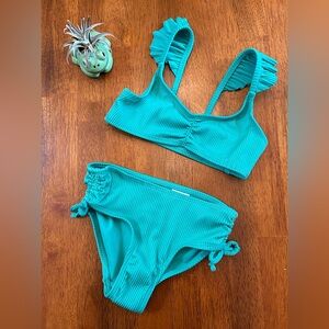 Ribbed Ruffle 2-Piece Bikini | Girls XS (4-5) | Little Mermaid Green | NWOT